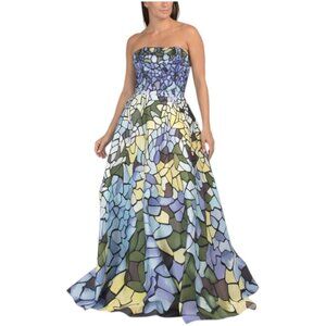 TERANI Strapless Mosaic Print Gown
